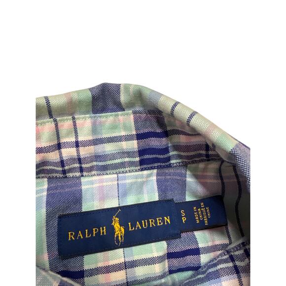 Ralph Lauren Shirt Mens Small Blue Twill Plaid Button Up Long Sleeve Flesh Pony - Picture 5 of 9
